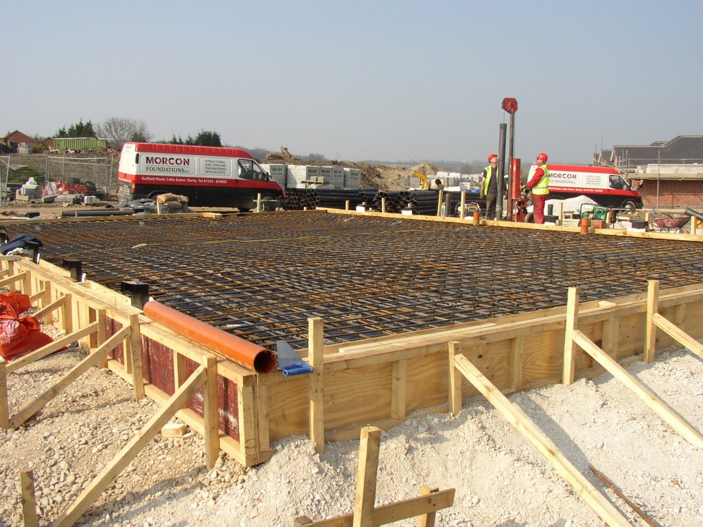 Piled raft foundation for new build domestic property. Shuttering and reinforcement in place prior to concrete pour.