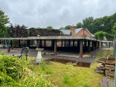 No need to worry about flooding, for the owners of the new dwelling built upon this raised slab in Shepperton.